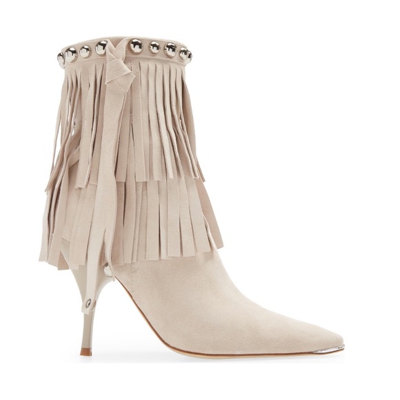 Jeffrey Campbell Stiletto Fringe Stud Bone White Suede Pointed Toe Bootie NWT - Picture 4 of 12